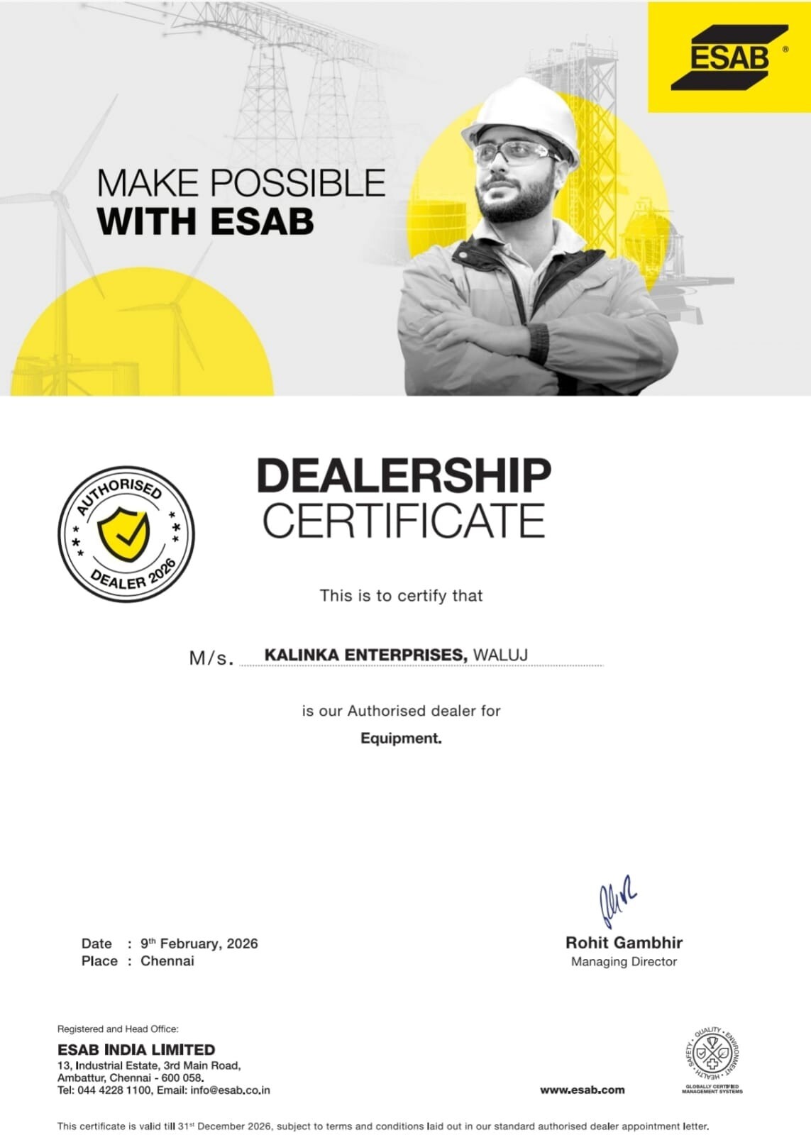 Dealer certificate